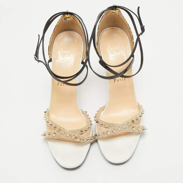 Pre Owned Christian Louboutin Multicolor Printed Patent Leather and Suede Monocronana Spike Ankle Strap Sandals Size 39