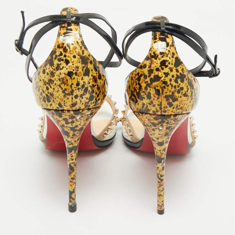 Pre Owned Christian Louboutin Multicolor Printed Patent Leather and Suede Monocronana Spike Ankle Strap Sandals Size 39