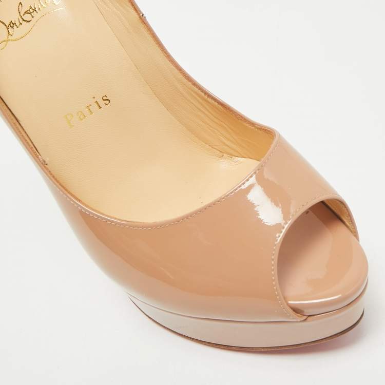 Pre Owned Christian Louboutin Beige Patent Leather Lady Peep Toe Platform Pumps Size 38.5