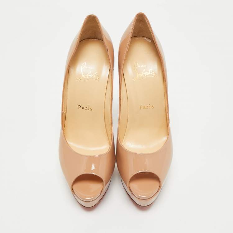 Pre Owned Christian Louboutin Beige Patent Leather Lady Peep Toe Platform Pumps Size 38.5