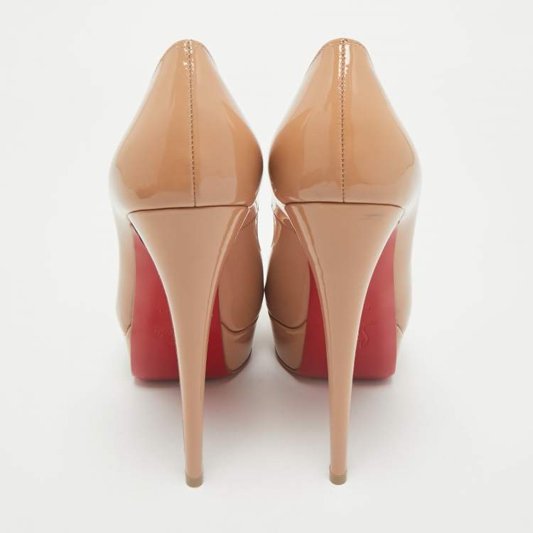 Pre Owned Christian Louboutin Beige Patent Leather Lady Peep Toe Platform Pumps Size 38.5