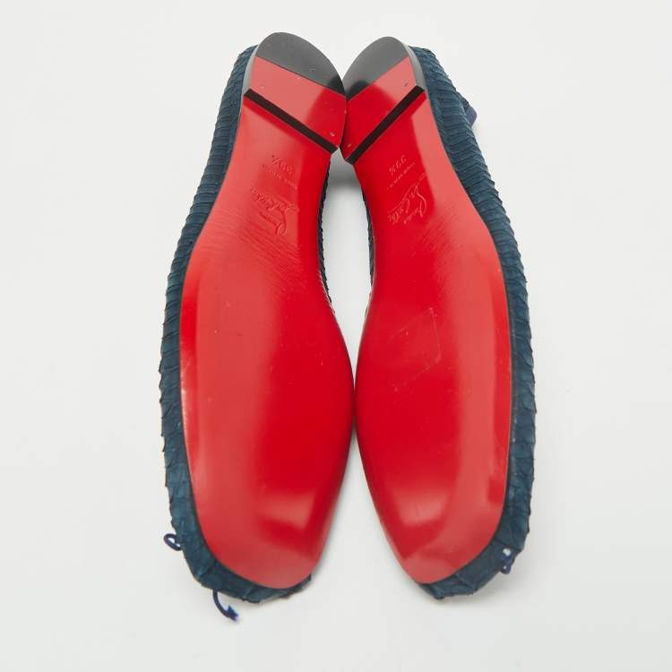 Pre Owned Christian Louboutin Blue Python Leather Rosella Bow Ballet Flats Size 39.5