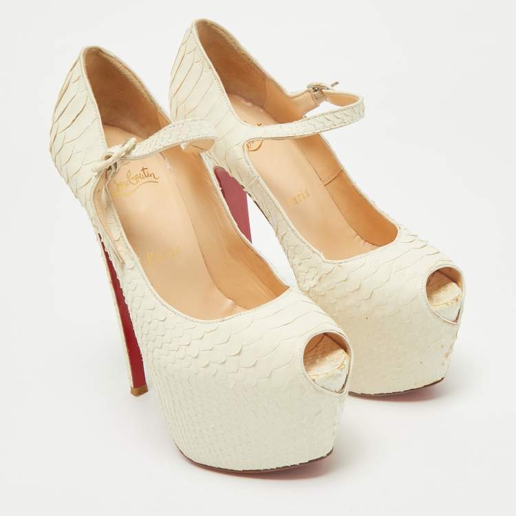 Pre Owned Christian Louboutin White Matte Python Lady Highness Peep Toe Pumps Size 36.5