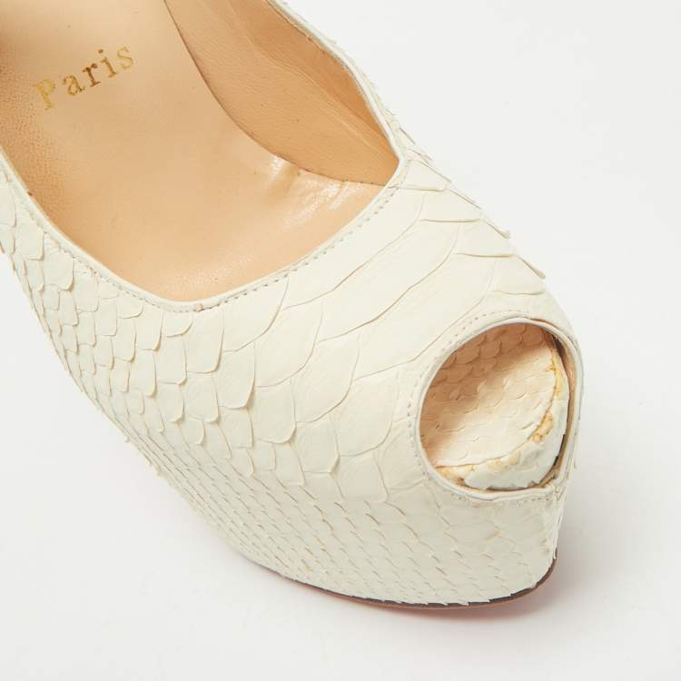 Pre Owned Christian Louboutin White Matte Python Lady Highness Peep Toe Pumps Size 36.5