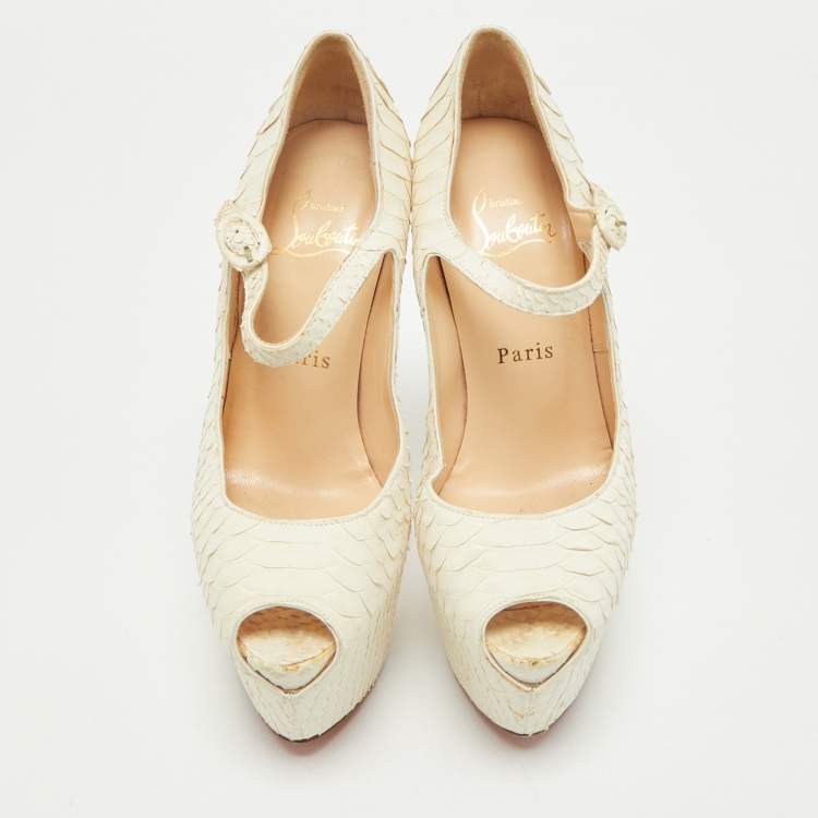 Pre Owned Christian Louboutin White Matte Python Lady Highness Peep Toe Pumps Size 36.5