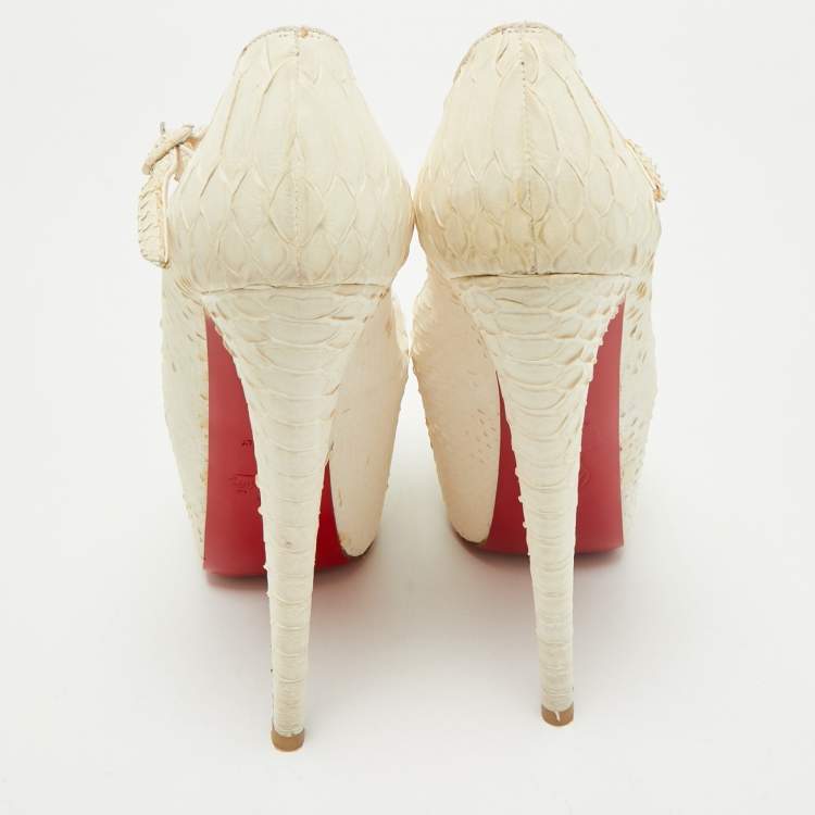 Pre Owned Christian Louboutin White Matte Python Lady Highness Peep Toe Pumps Size 36.5