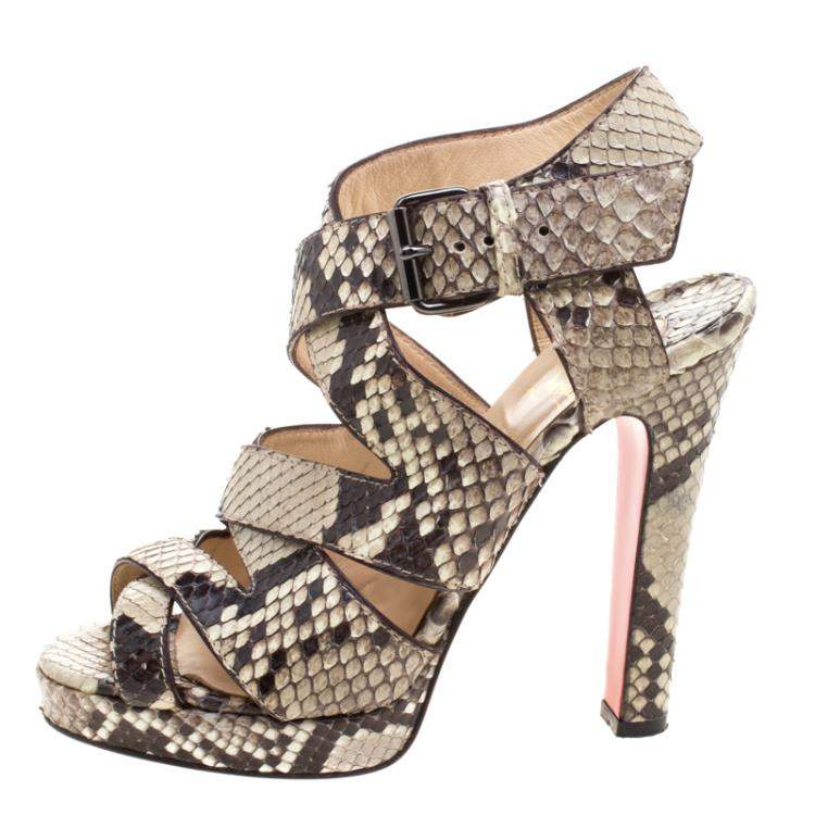Pre Owned Christian Louboutin Two Tone Python Leather Criss Cross Strap Platform Sandals Size 37