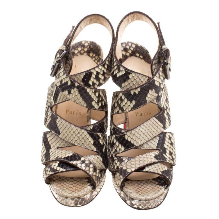 Pre Owned Christian Louboutin Two Tone Python Leather Criss Cross Strap Platform Sandals Size 37