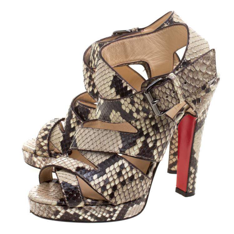Pre Owned Christian Louboutin Two Tone Python Leather Criss Cross Strap Platform Sandals Size 37