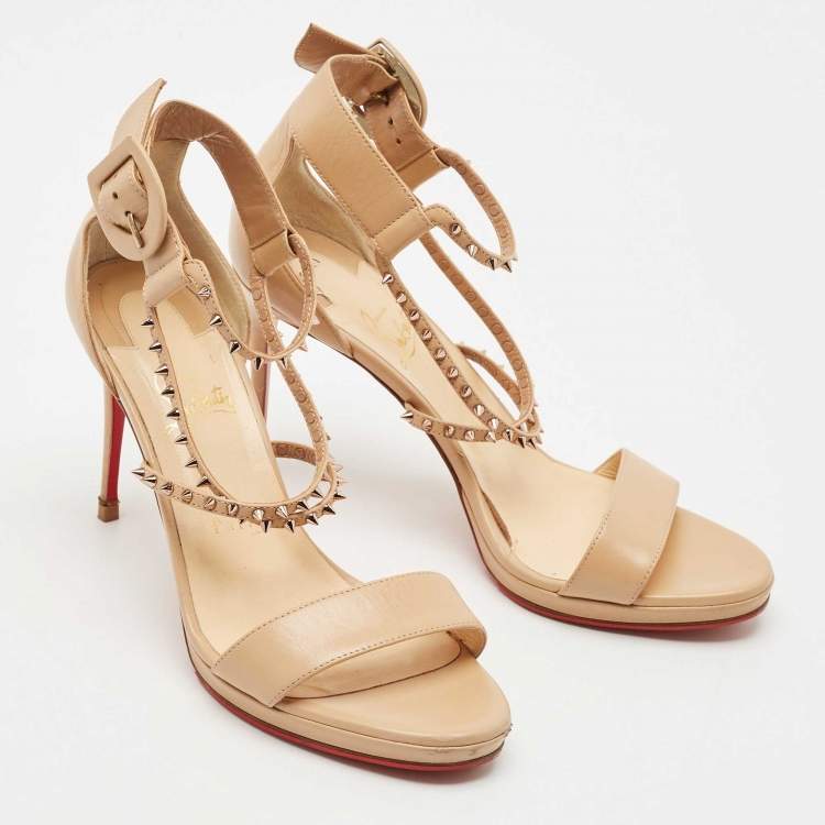Pre Owned Christian Louboutin Beige Leather Spike Choca Lux Sandals Size 39