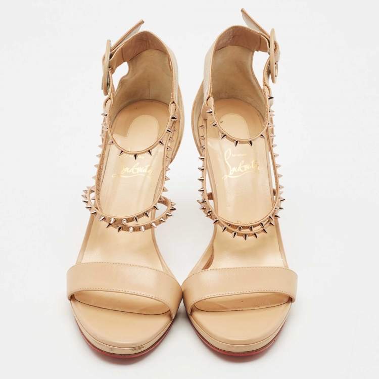 Pre Owned Christian Louboutin Beige Leather Spike Choca Lux Sandals Size 39