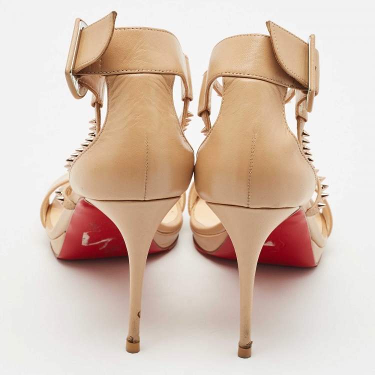 Pre Owned Christian Louboutin Beige Leather Spike Choca Lux Sandals Size 39