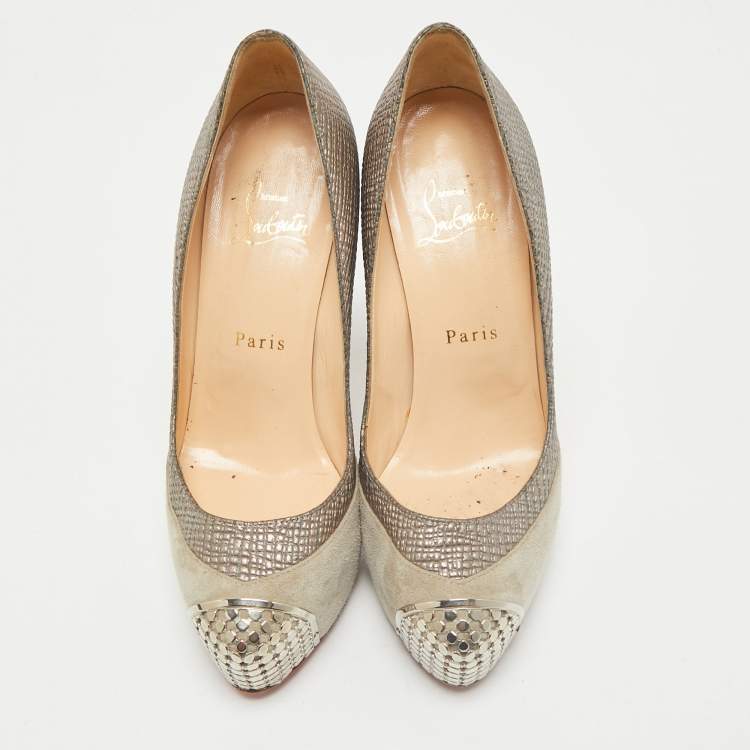 Pre Owned Christian Louboutin Grey Leather and Suede Maggie Platform Pumps Size 37