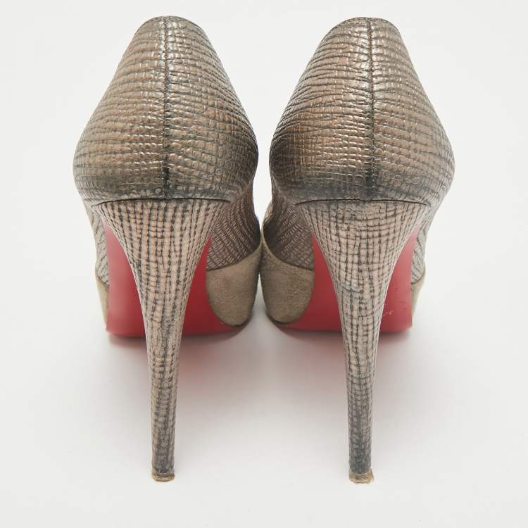 Pre Owned Christian Louboutin Grey Leather and Suede Maggie Platform Pumps Size 37