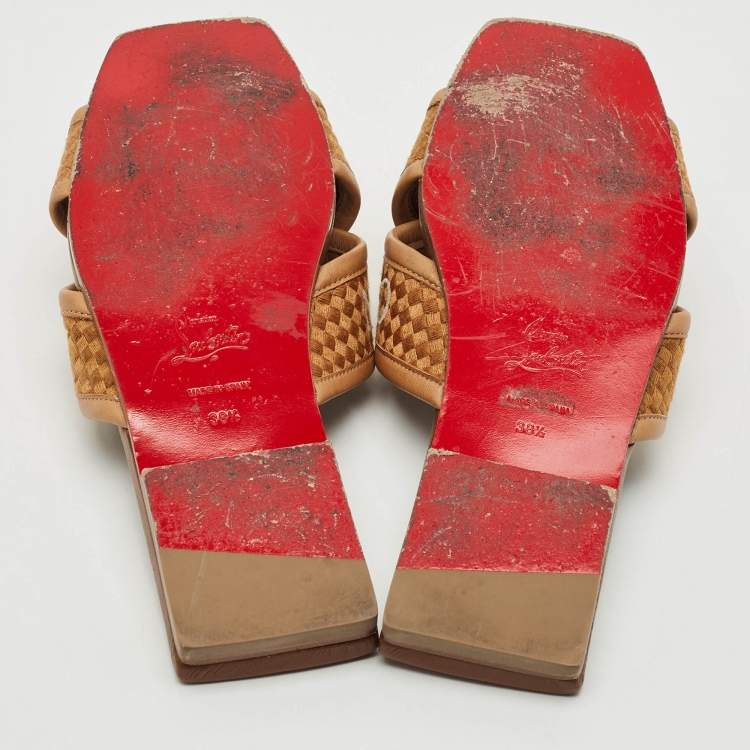 Pre Owned Christian Louboutin Brown Logo Canvas and Leather Crossimule Flat Slides Size 38.5