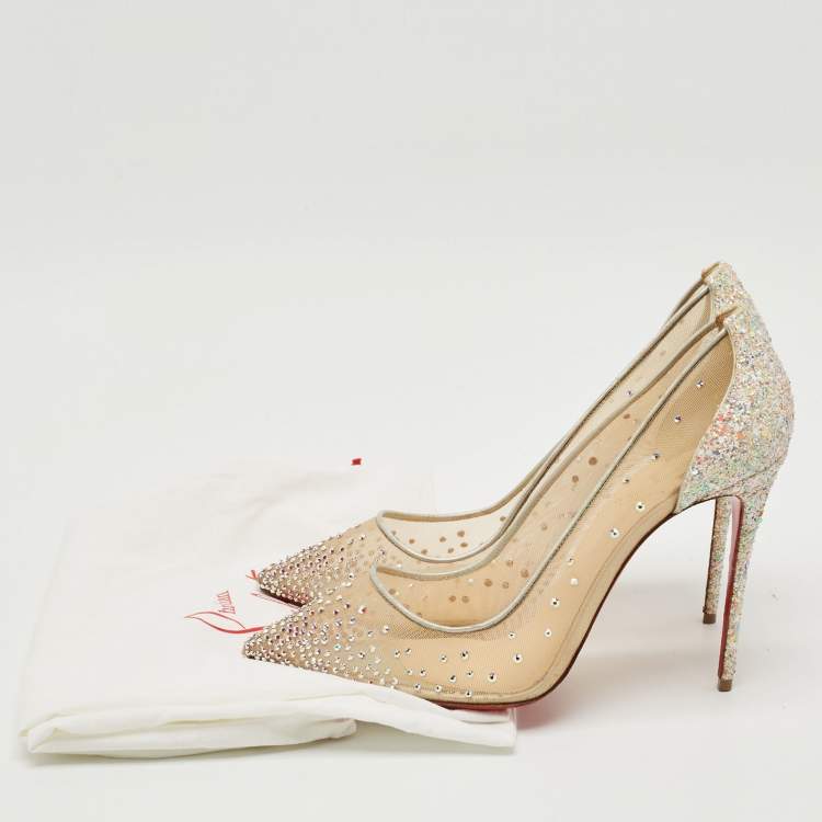 Pre Owned Christian Louboutin Beige Mesh and Glitter Follies Strass Pumps Size 41.5