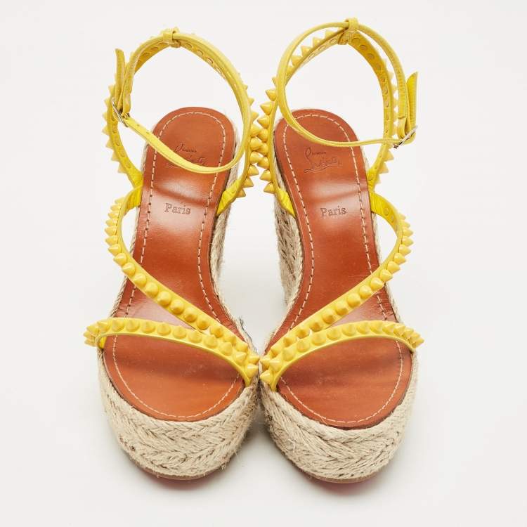 Pre Owned Christian Louboutin Yellow Patent Leather Mafaldina Zeppa Wedge Ankle Strap Sandals Size 40