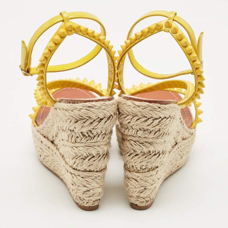 Pre Owned Christian Louboutin Yellow Patent Leather Mafaldina Zeppa Wedge Ankle Strap Sandals Size 40