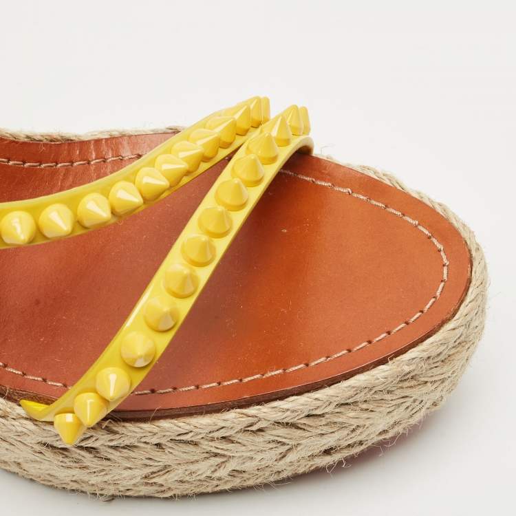 Pre Owned Christian Louboutin Yellow Patent Leather Mafaldina Zeppa Wedge Ankle Strap Sandals Size 40