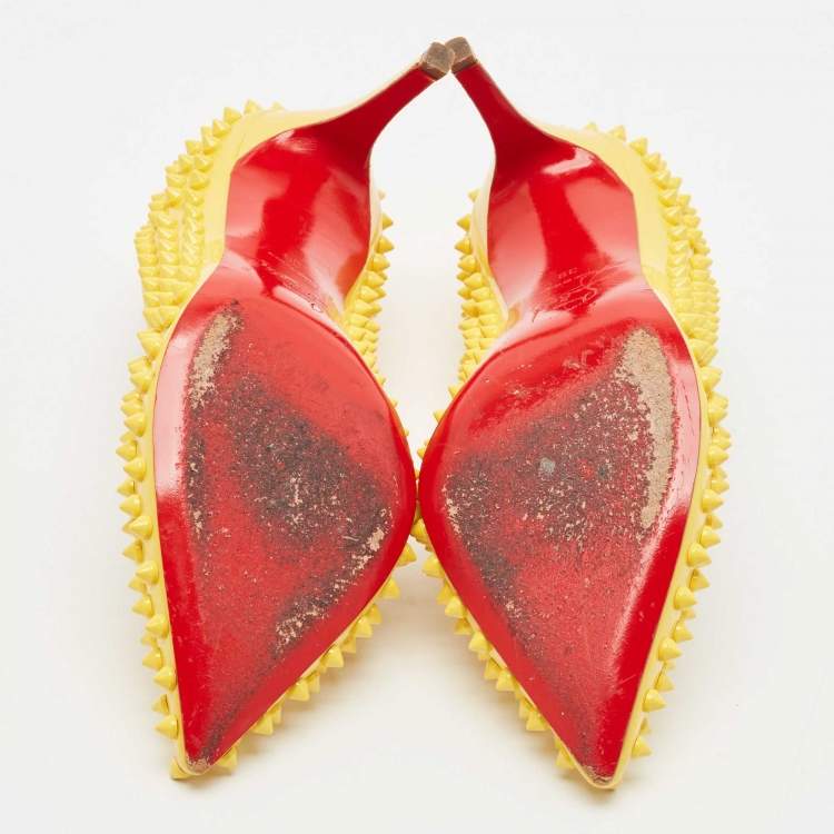 Pre Owned Christian Louboutin Yellow Patent Leather Pigalle Spikes Pumps Size 39