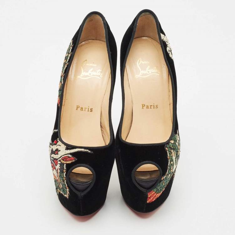 Pre Owned Christian Louboutin Black Velvet Highness Dragon Tattoo Platform Pumps Size 35.5