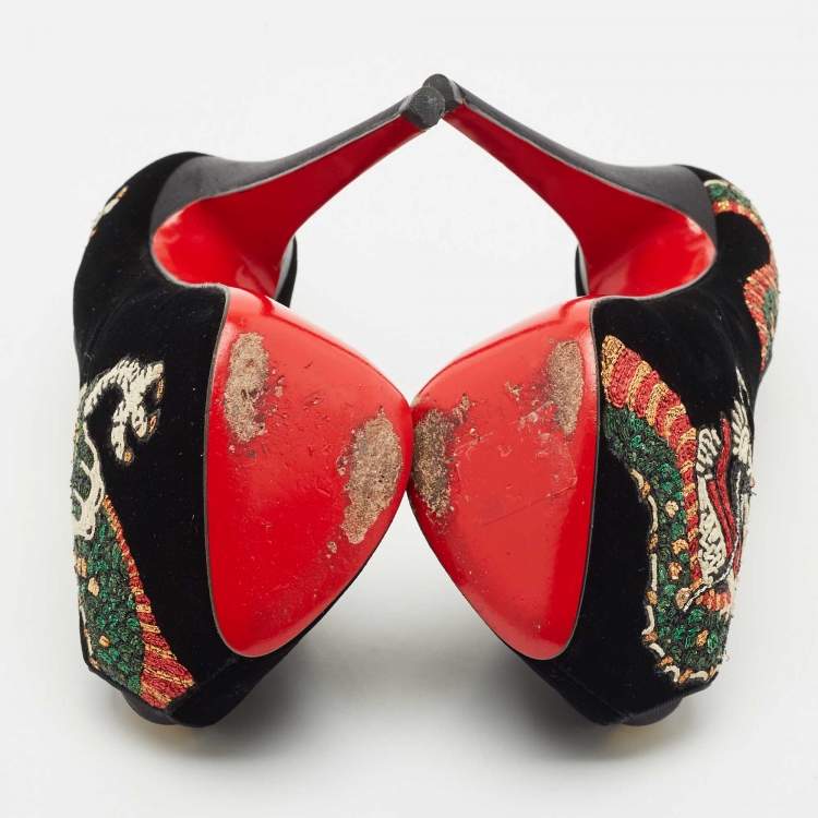 Pre Owned Christian Louboutin Black Velvet Highness Dragon Tattoo Platform Pumps Size 35.5