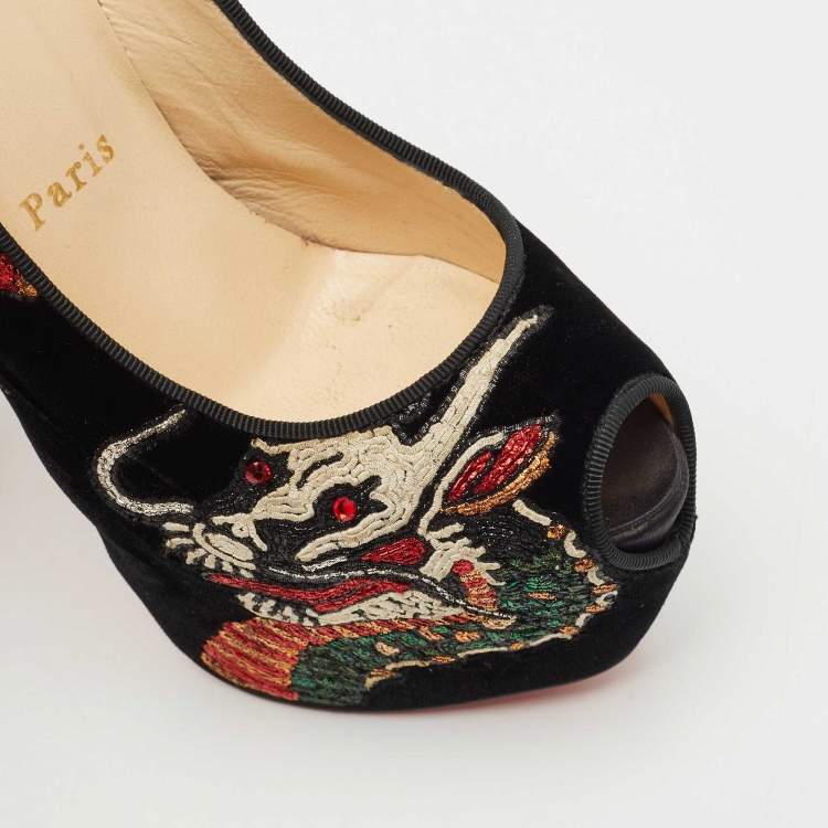 Pre Owned Christian Louboutin Black Velvet Highness Dragon Tattoo Platform Pumps Size 35.5