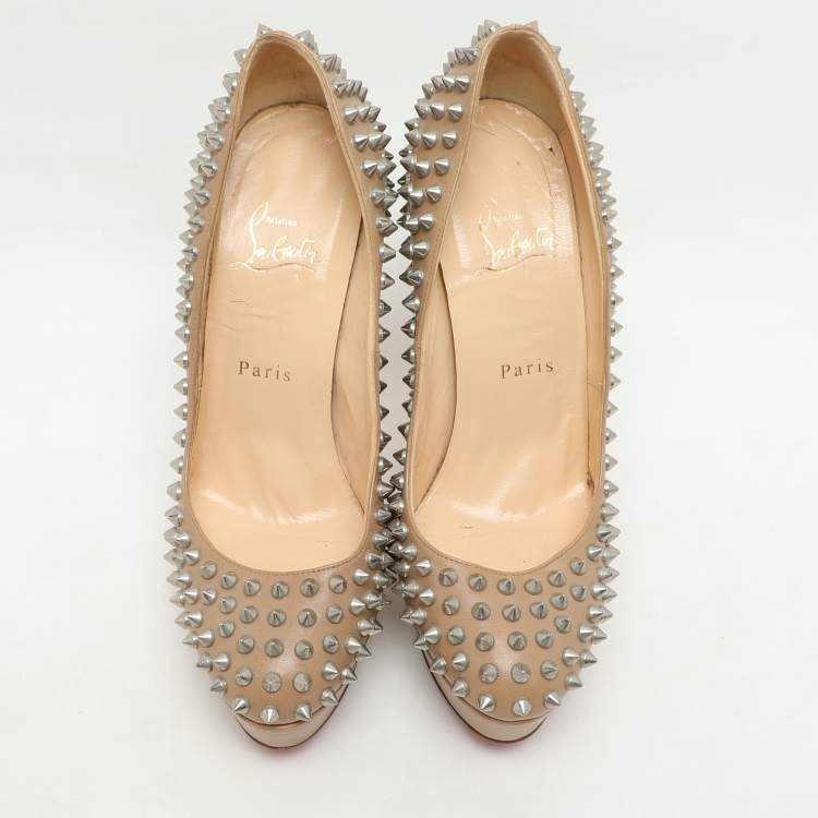 Pre Owned Christian Louboutin Beige Leather Bianca Spike Platform Pumps Size 38