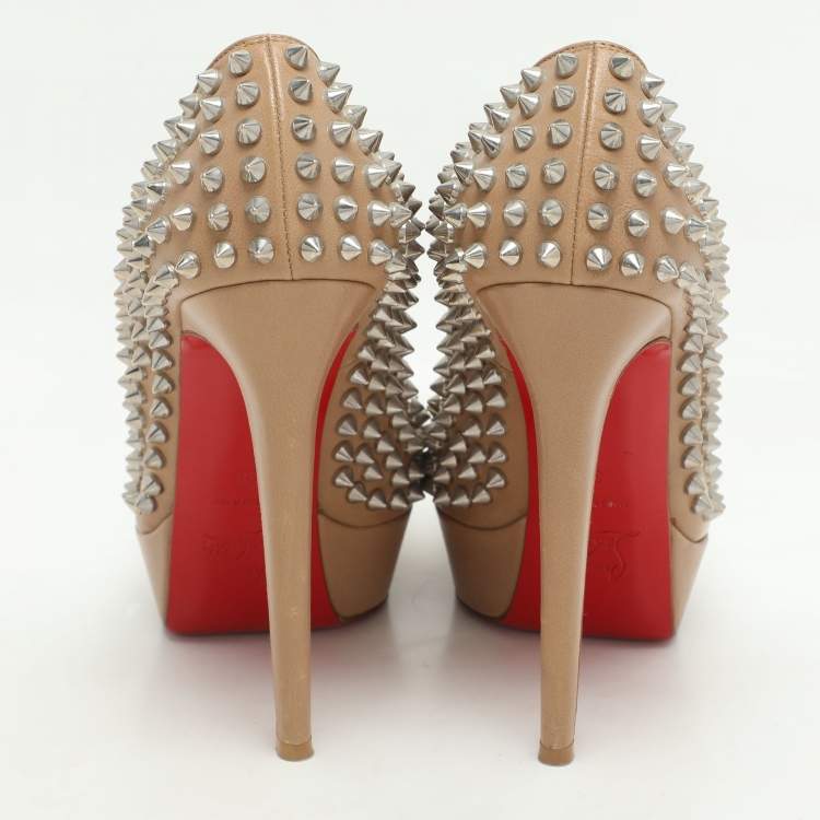 Pre Owned Christian Louboutin Beige Leather Bianca Spike Platform Pumps Size 38