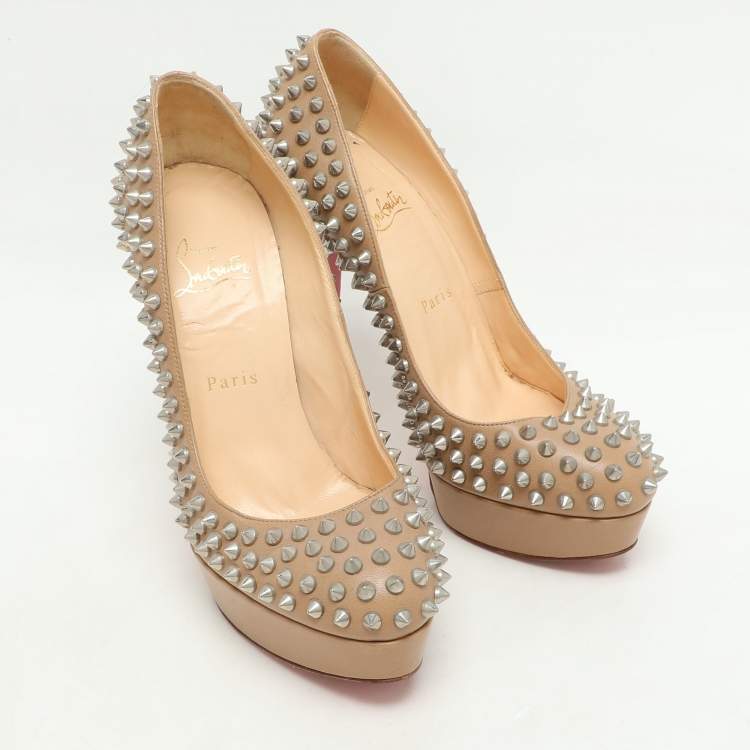 Pre Owned Christian Louboutin Beige Leather Bianca Spike Platform Pumps Size 38