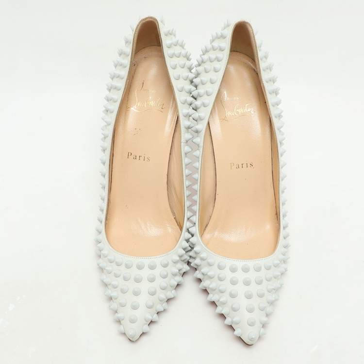 Pre Owned Christian Louboutin White Leather Pigalle Spikes Pumps Size 37.5