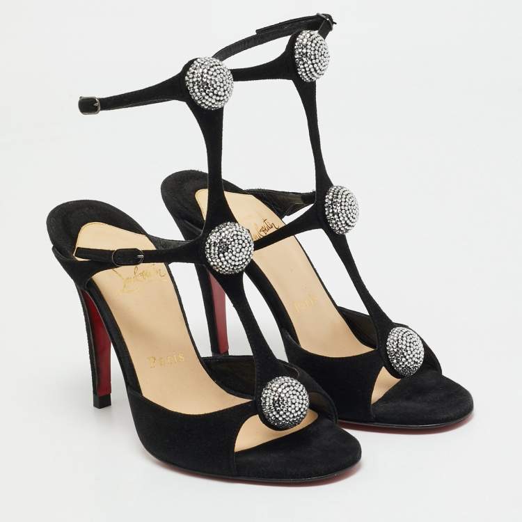 Pre Owned Christian Louboutin Black Suede Crystal Embellished Ankle Strap Sandals Size 35.5