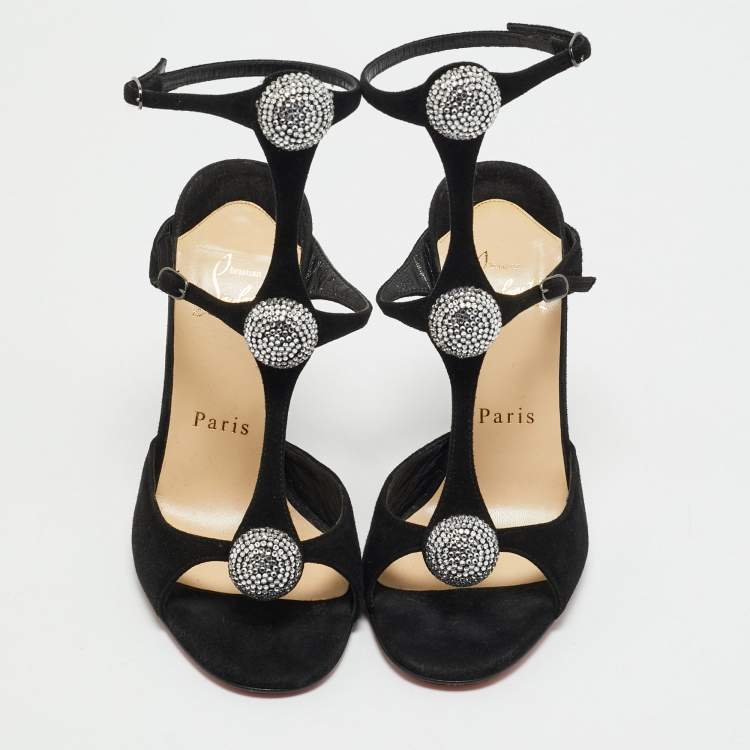 Pre Owned Christian Louboutin Black Suede Crystal Embellished Ankle Strap Sandals Size 35.5