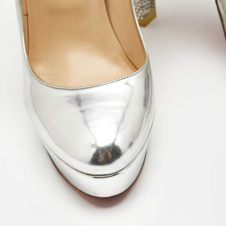 Pre Owned Christian Louboutin Silver Leather Crystal Embellished Platform Pumps Size 39