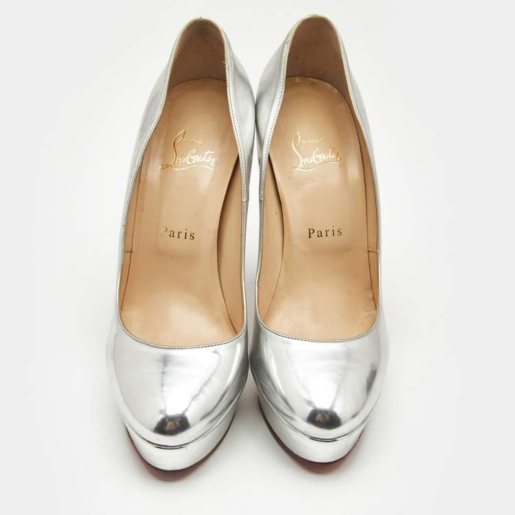 Pre Owned Christian Louboutin Silver Leather Crystal Embellished Platform Pumps Size 39
