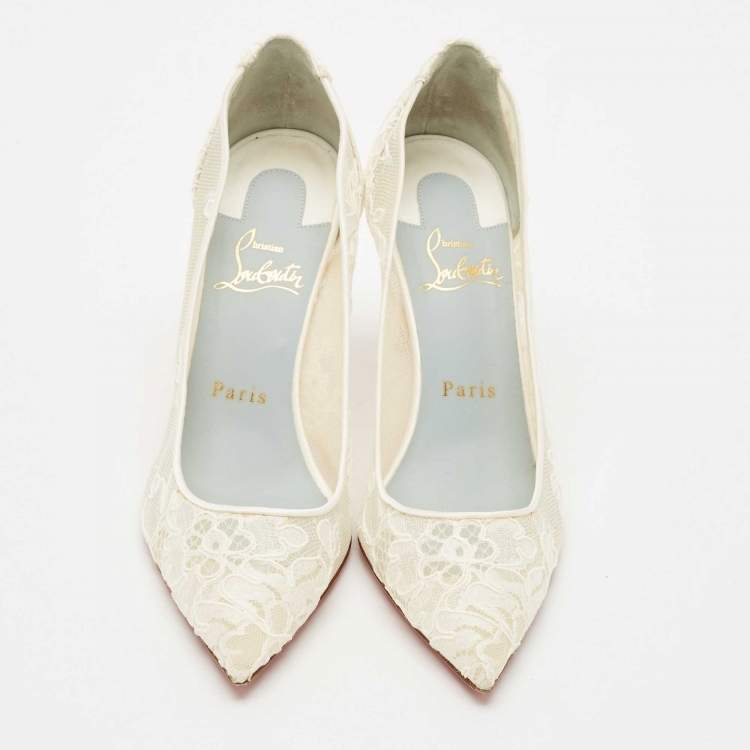 Pre Owned Christian Louboutin White Mesh and Lace Follies Strass Pumps Size 36