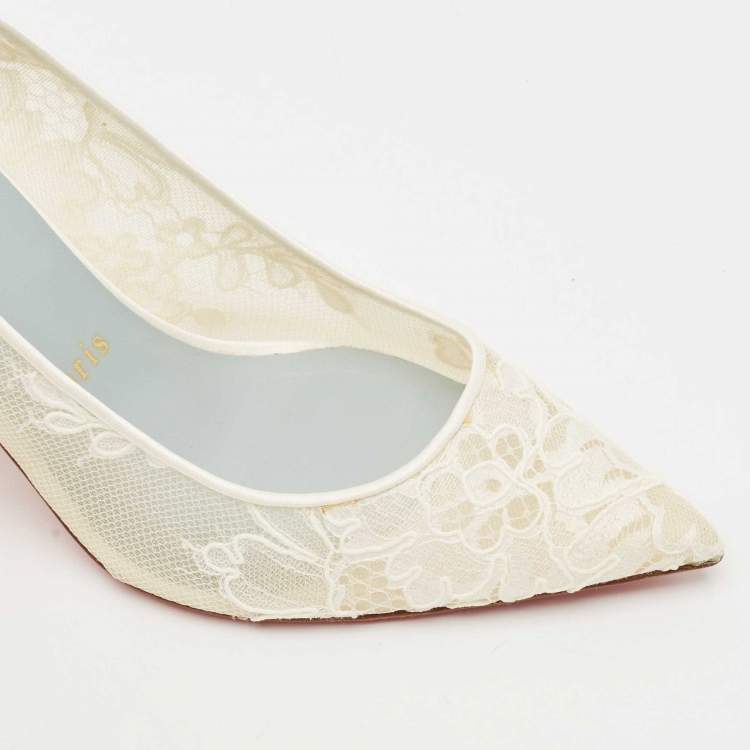 Pre Owned Christian Louboutin White Mesh and Lace Follies Strass Pumps Size 36