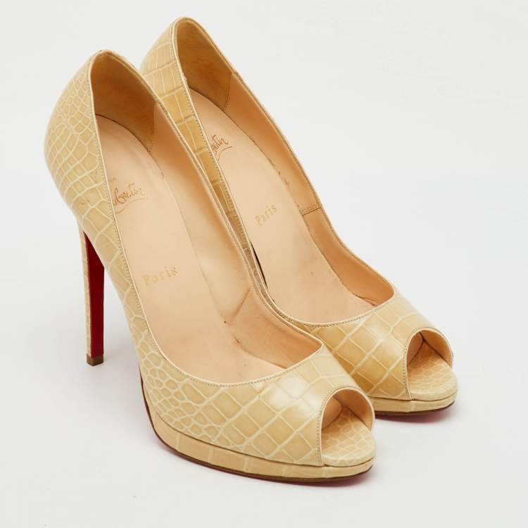 Pre Owned Christian Louboutin Cream Crocodile Leather Yolanda Peep Toe Pumps Size 39