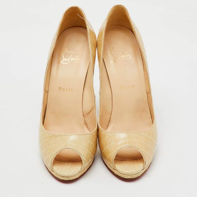 Pre Owned Christian Louboutin Cream Crocodile Leather Yolanda Peep Toe Pumps Size 39