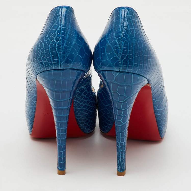 Pre Owned Christian Louboutin Blue Crocodile Leather Very Prive Peep Toe Pumps Size 39.5