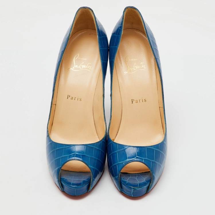 Pre Owned Christian Louboutin Blue Crocodile Leather Very Prive Peep Toe Pumps Size 39.5