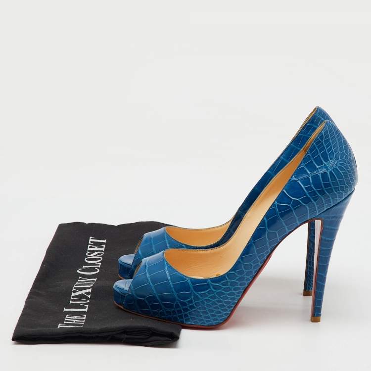 Pre Owned Christian Louboutin Blue Crocodile Leather Very Prive Peep Toe Pumps Size 39.5