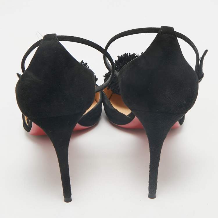 Pre Owned Christian Louboutin Black Suede Pom Pom Ankle Strap Sandals Size 39.5