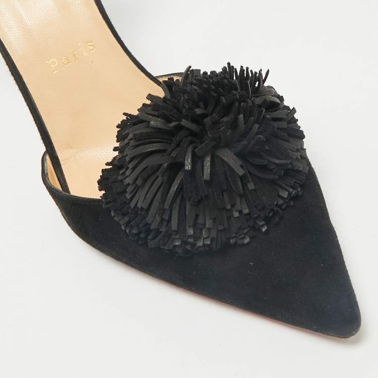 Pre Owned Christian Louboutin Black Suede Pom Pom Ankle Strap Sandals Size 39.5