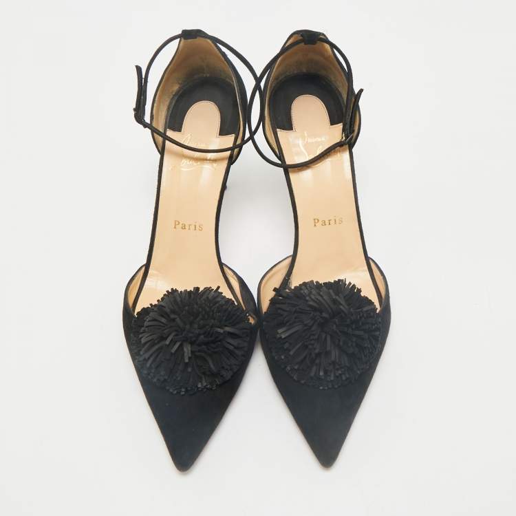 Pre Owned Christian Louboutin Black Suede Pom Pom Ankle Strap Sandals Size 39.5