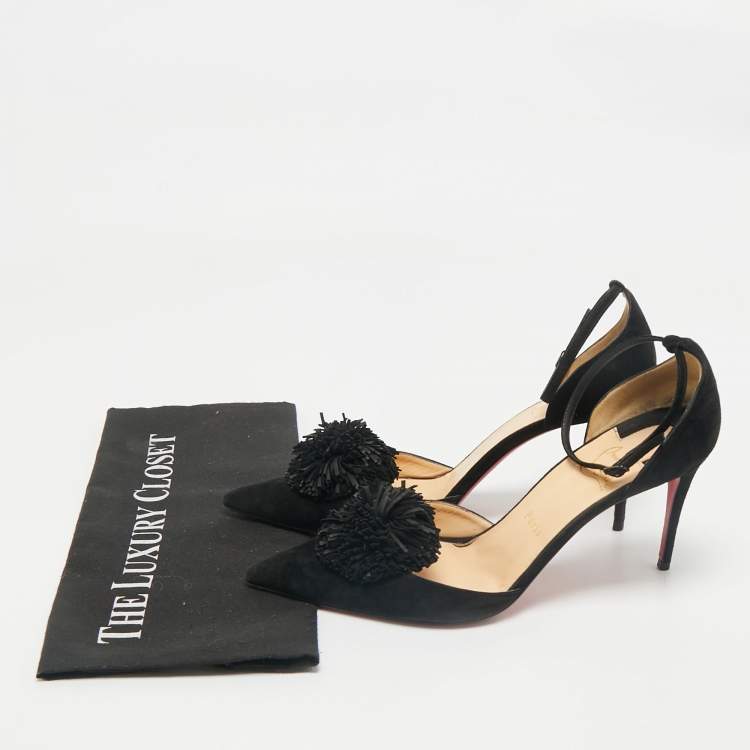Pre Owned Christian Louboutin Black Suede Pom Pom Ankle Strap Sandals Size 39.5