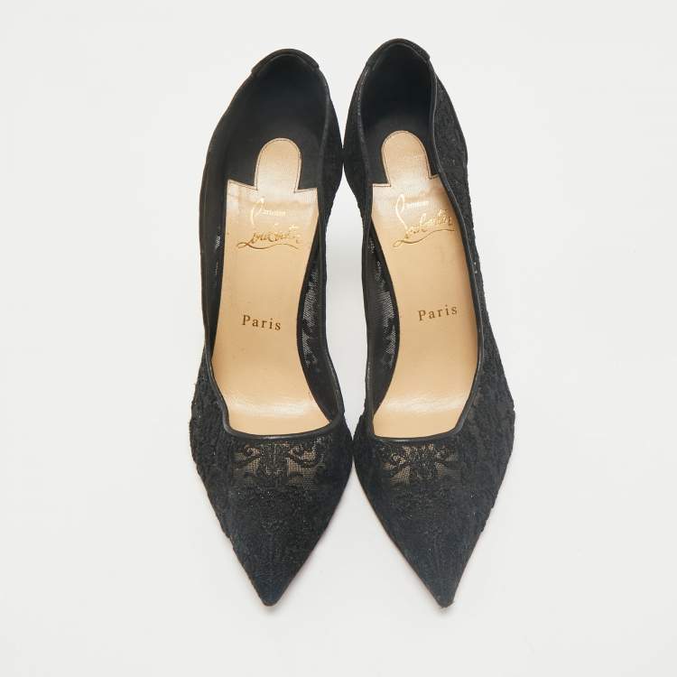 Pre Owned Christian Louboutin Black Lace and Mesh Follies Strass Pumps Size 40