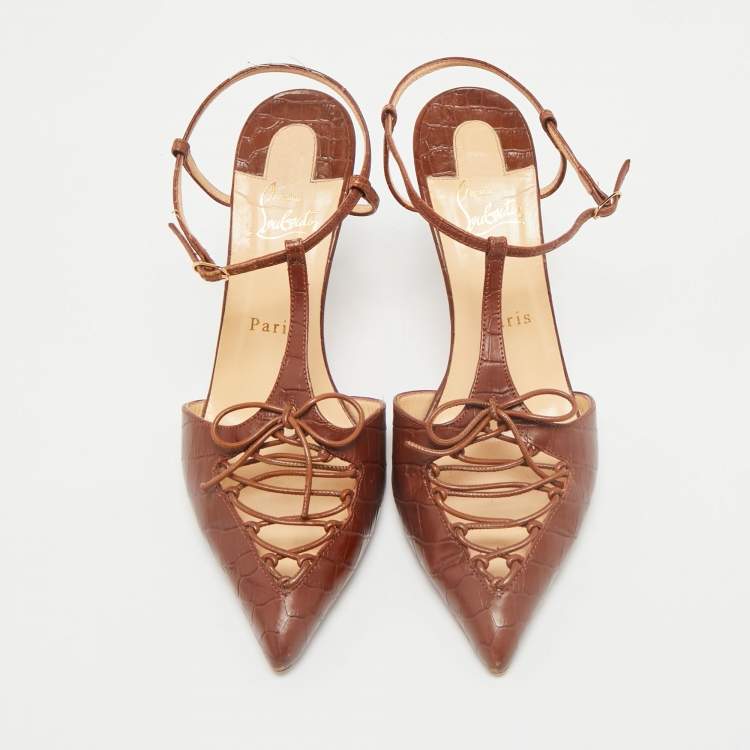 مملوكة مسبقًا Christian Louboutin Brown Croc Embossed Leather Crococuty Ankle-Strap Pumps Size 38.5