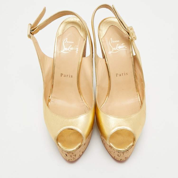 Pre Owned Christian Louboutin Gold Leather Cork Wedge Sandals Size 38