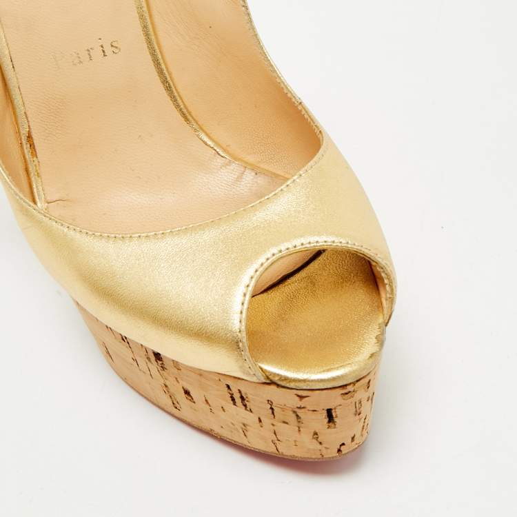 Pre Owned Christian Louboutin Gold Leather Cork Wedge Sandals Size 38
